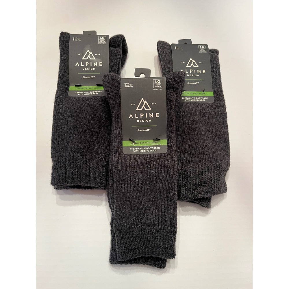 Alpine Design‎ 3 Pair Thermolite Boot Socks with Merino Wool Gray Size Large